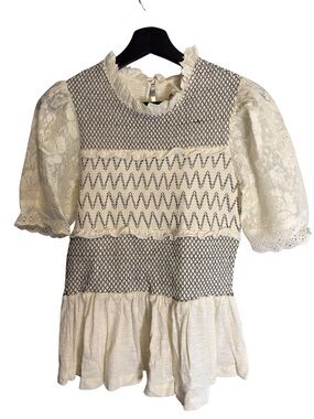 Ivory Lace & Smocked Ruffle Neck Puff Sleeve Blouse